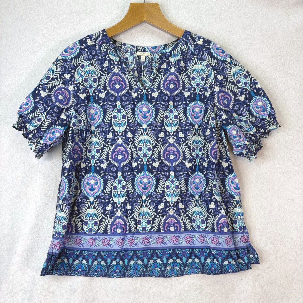 Talbots Blue Paisley Medallion V-Neck Puff Sleeve Top Womens XL Boho Coastal